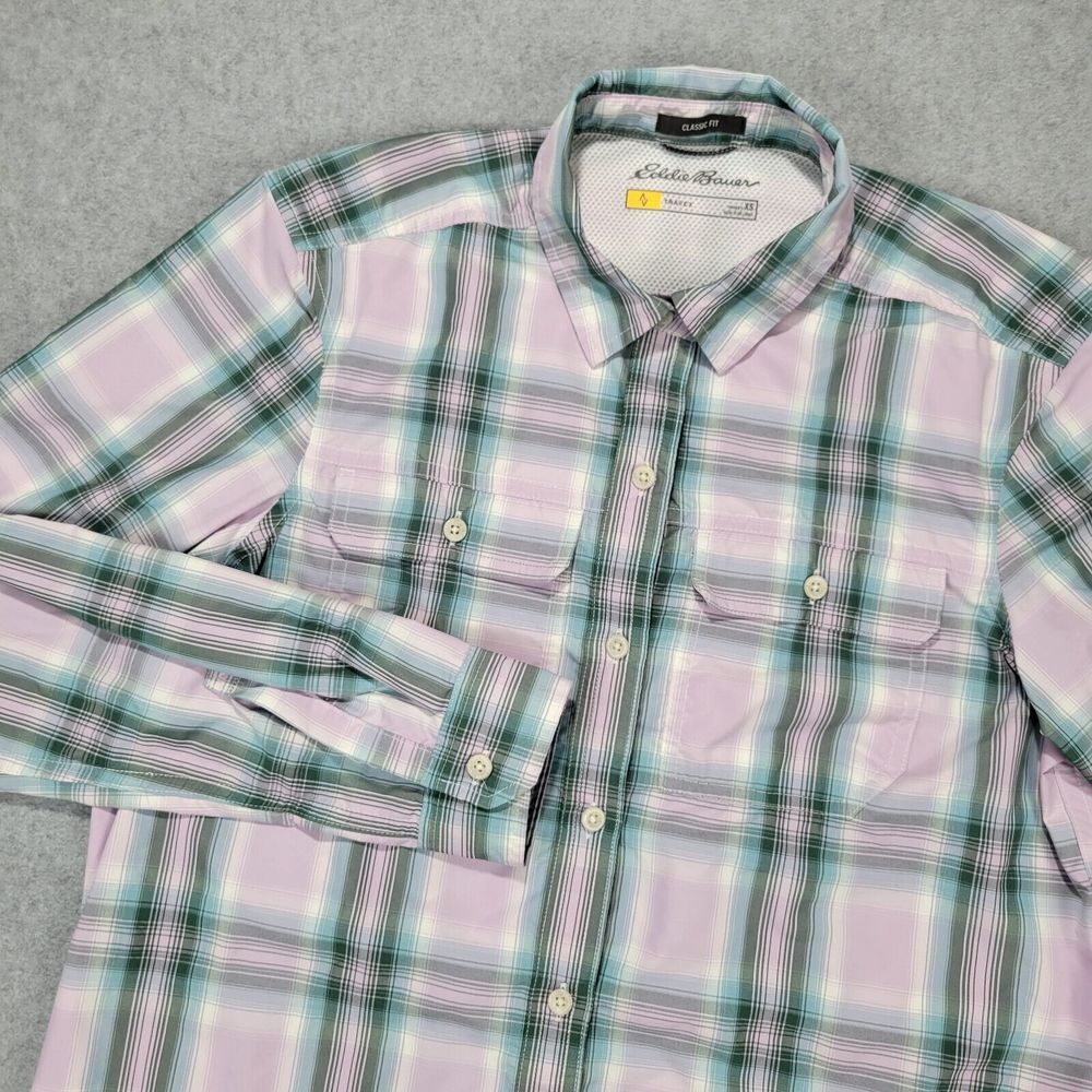 Eddie Bauer Travex Shirt Womens XS Green Pink Plaid‎ Roll Tab Sleeve Button Up